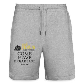 Citation biblique pour enfants amoureux des crêpes - Short de jogging bio TRAINER Stanley/Stella unisexe - gris chiné - Devant - Nik (191cm) & Marisol (170cm)
