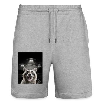 Funny raccoon selfie in front of UFOs Raccoon UFO - Stanley/Stella Trainer Unisex Organic Jogging Shorts - heather grey - Front - Nik (191cm) & Marisol (170cm)