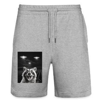 Funny raccoon selfie in front of UFOs Raccoon UFO - Stanley/Stella Trainer Unisex Organic Jogging Shorts - heather grey - Front - Nik (191cm) & Marisol (170cm)