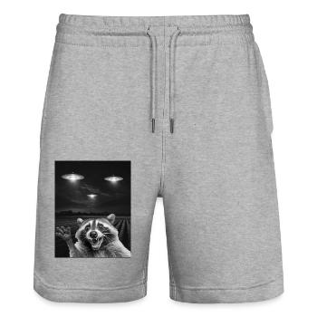 Funny raccoon selfie in front of UFOs Raccoon UFO - Stanley/Stella Trainer Unisex Organic Jogging Shorts - heather grey - Front - Nik (191cm) & Marisol (170cm)