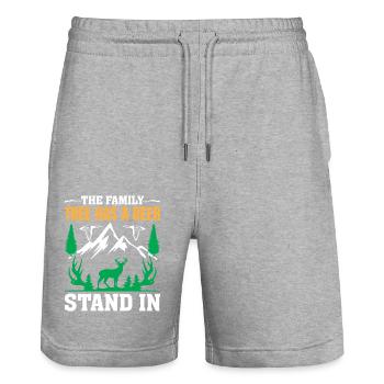 The pedigree has a deer stand in - Stanley/Stella Trainer Unisex Organic Jogging Shorts - heather grey - Front - Nik (191cm) & Marisol (170cm)