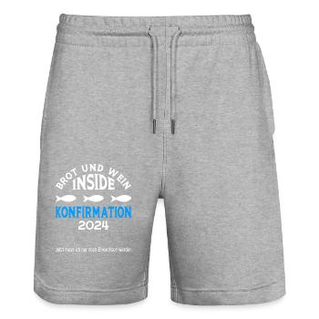 Brot und Wein inside Konfirmation 2024 - Stanley/Stella Unisex Bio Joggingshorts Trainer  - Grau meliert - Vorne - Nik (191cm) & Marisol (170cm)