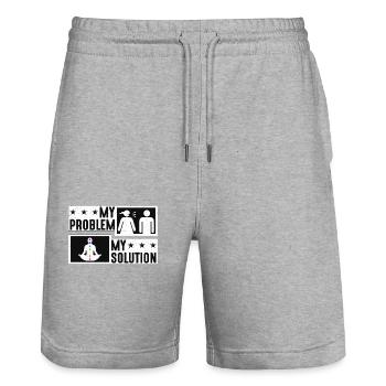Amoureux du Reiki Mon Problème Ma Solution Pictogramme Papa - Short de jogging bio TRAINER Stanley/Stella unisexe - gris chiné - Devant - Nik (191cm) & Marisol (170cm)