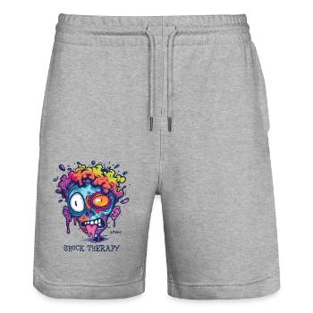 Thérapie de choc : Visage aux couleurs folles - Short de jogging bio TRAINER Stanley/Stella unisexe - gris chiné - Devant - Nik (191cm) & Marisol (170cm)