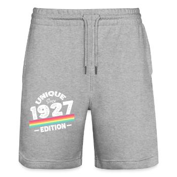 Unique depuis 1927 Edition Anniversaire Millésime 1927 - Short de jogging bio TRAINER Stanley/Stella unisexe - gris chiné - Devant - Nik (191cm) & Marisol (170cm)