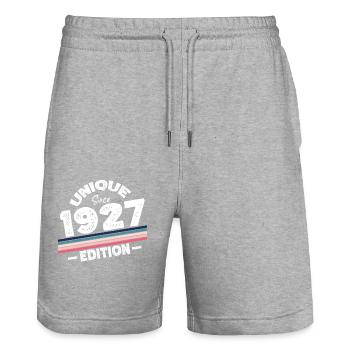Unique depuis 1927 Edition Anniversaire Millésime 1927 - Short de jogging bio TRAINER Stanley/Stella unisexe - gris chiné - Devant - Nik (191cm) & Marisol (170cm)