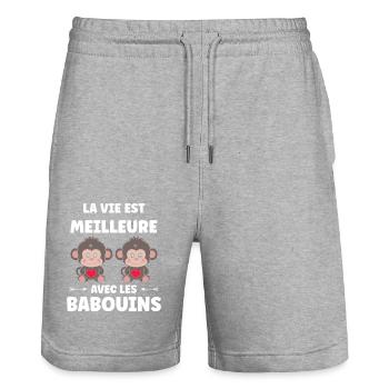Humour petit singe babouin - Short de jogging bio TRAINER Stanley/Stella unisexe - gris chiné - Devant - Nik (191cm) & Marisol (170cm)