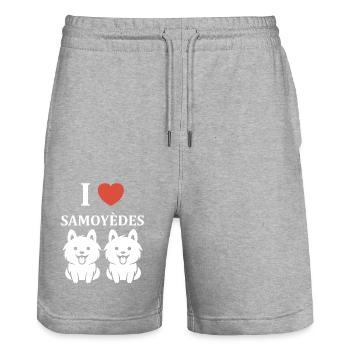 Humour Chien Samoyède - Short de jogging bio TRAINER Stanley/Stella unisexe - gris chiné - Devant - Nik (191cm) & Marisol (170cm)