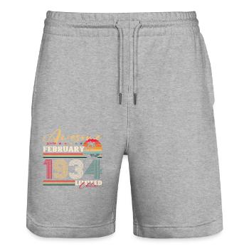 90th Birthday Husband February Vintage 1934 Awesome - Stanley/Stella Trainer Unisex Organic Jogging Shorts - heather grey - Front - Nik (191cm) & Marisol (170cm)