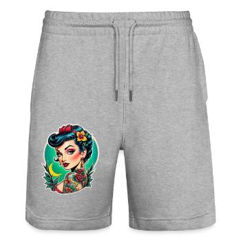 Rockabilly / Pin-up / Années 50 - Short de jogging bio TRAINER Stanley/Stella unisexe - gris chiné - Devant - Nik (191cm) & Marisol (170cm)