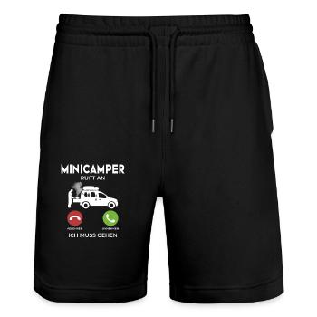 Minicamper RUFT AN Camping-Camper Microcamper - Stanley/Stella Unisex Bio Joggingshorts Trainer  - Schwarz - Vorne - Nik (191cm) & Marisol (170cm)