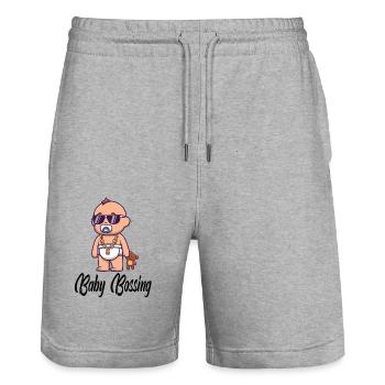 Baby Bossing Schwangerschaft Werdende Eltern - Stanley/Stella Unisex Bio Joggingshorts Trainer  - Grau meliert - Vorne - Nik (191cm) & Marisol (170cm)