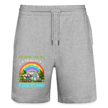 Ruhestand Rente Rentner Camping Campingplatz Natur - Stanley/Stella Unisex Bio Joggingshorts Trainer  - Grau meliert - Vorne - Nik (191cm) & Marisol (170cm)