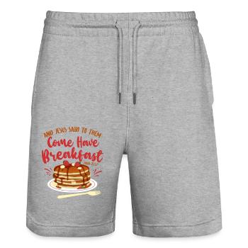 Citation biblique pour enfants amoureux des crêpes - Short de jogging bio TRAINER Stanley/Stella unisexe - gris chiné - Devant - Nik (191cm) & Marisol (170cm)