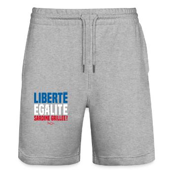 LIBERTE EGALITE SARDINE GRILLEE ! - Short de jogging bio TRAINER Stanley/Stella unisexe - gris chiné - Devant - Nik (191cm) & Marisol (170cm)