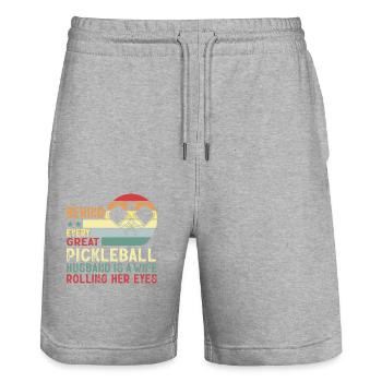 Mrs. Pickleball Partner Pickleball Couple Lovers - Stanley/Stella Trainer Unisex Organic Jogging Shorts - heather grey - Front - Nik (191cm) & Marisol (170cm)