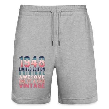 Edition limitée depuis 1948 Anniversaire Millésime 1948 - Short de jogging bio TRAINER Stanley/Stella unisexe - gris chiné - Devant - Nik (191cm) & Marisol (170cm)