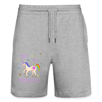 Licorne mignonne Licornes magiques Rainbow Girl - Short de jogging bio TRAINER Stanley/Stella unisexe - gris chiné - Devant - Nik (191cm) & Marisol (170cm)