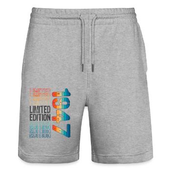 Limited Edition Since 1947 Birthday Vintage 1947 - Stanley/Stella Trainer Unisex Organic Jogging Shorts - heather grey - Front - Nik (191cm) & Marisol (170cm)