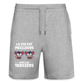 Humour tarsier - Short de jogging bio TRAINER Stanley/Stella unisexe - gris chiné - Devant - Nik (191cm) & Marisol (170cm)