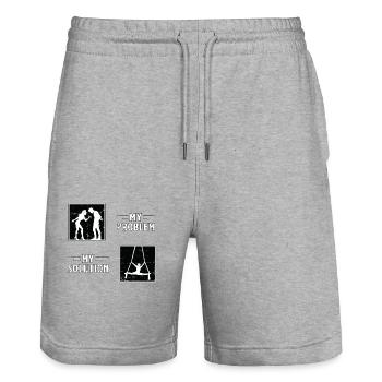 Acrobate Mon problème Ma solution Pictogramme Papa Maman - Short de jogging bio TRAINER Stanley/Stella unisexe - gris chiné - Devant - Nik (191cm) & Marisol (170cm)