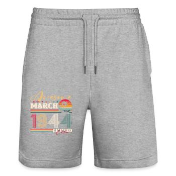 80th birthday Great since March Born in 1944 - Stanley/Stella Trainer Unisex Organic Jogging Shorts - heather grey - Front - Nik (191cm) & Marisol (170cm)