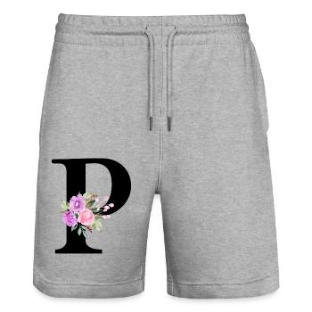 Lila Blumenbuchstabe p - Stanley/Stella Unisex Bio Joggingshorts Trainer  - Grau meliert - Vorne - Nik (191cm) & Marisol (170cm)