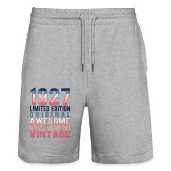 Edition limitée depuis 1927 Anniversaire Millésime 1927 - Short de jogging bio TRAINER Stanley/Stella unisexe - gris chiné - Devant - Nik (191cm) & Marisol (170cm)