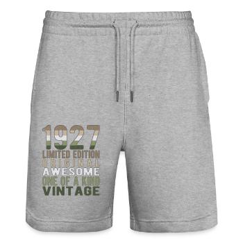 Edition limitée depuis 1927 Anniversaire Millésime 1927 - Short de jogging bio TRAINER Stanley/Stella unisexe - gris chiné - Devant - Nik (191cm) & Marisol (170cm)