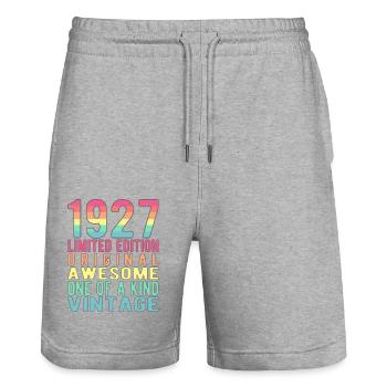 Edition limitée depuis 1927 Anniversaire Millésime 1927 - Short de jogging bio TRAINER Stanley/Stella unisexe - gris chiné - Devant - Nik (191cm) & Marisol (170cm)