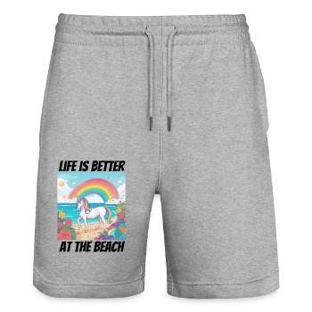 Life is better at the beach Unicorn - Stanley/Stella Trainer Unisex Organic Jogging Shorts - heather grey - Front - Nik (191cm) & Marisol (170cm)