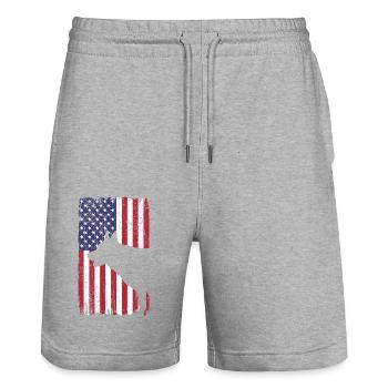 German Shepherd Dog with USA Flag - Stanley/Stella Trainer Unisex Organic Jogging Shorts - heather grey - Front - Nik (191cm) & Marisol (170cm)