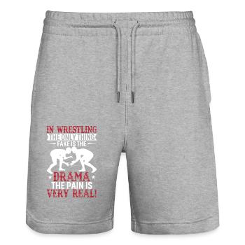In Wrestling, The Only Thing Fake Is The Drama - T - Stanley/Stella Trainer Unisex Organic Jogging Shorts - heather grey - Front - Nik (191cm) & Marisol (170cm)
