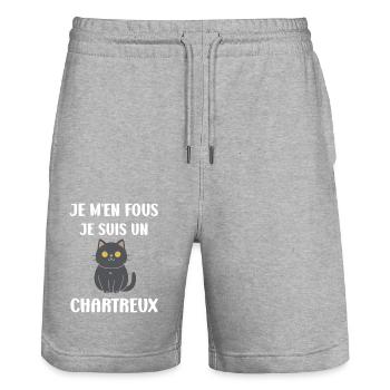 Humour chat chartreux - Short de jogging bio TRAINER Stanley/Stella unisexe - gris chiné - Devant - Nik (191cm) & Marisol (170cm)