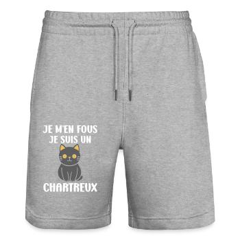 Humour chat chartreux - Short de jogging bio TRAINER Stanley/Stella unisexe - gris chiné - Devant - Nik (191cm) & Marisol (170cm)