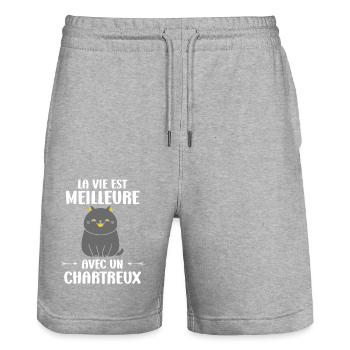 Humour chat chartreux - Short de jogging bio TRAINER Stanley/Stella unisexe - gris chiné - Devant - Nik (191cm) & Marisol (170cm)