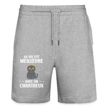 Humour chat chartreux - Short de jogging bio TRAINER Stanley/Stella unisexe - gris chiné - Devant - Nik (191cm) & Marisol (170cm)