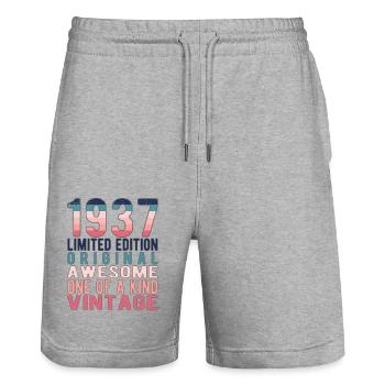 Edition limitée depuis 1937 Anniversaire Millésime 1937 - Short de jogging bio TRAINER Stanley/Stella unisexe - gris chiné - Devant - Nik (191cm) & Marisol (170cm)