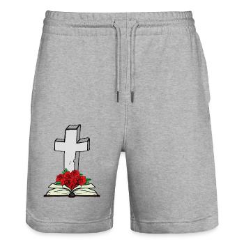 Croix Bible Livre Jésus Dieu Résurrection Mort - Short de jogging bio TRAINER Stanley/Stella unisexe - gris chiné - Devant - Nik (191cm) & Marisol (170cm)