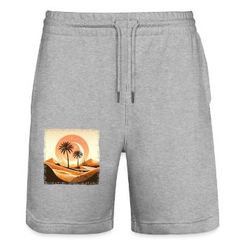 Désert du Sahara et palmier au coucher du soleil - Short de jogging bio TRAINER Stanley/Stella unisexe - gris chiné - Devant - Nik (191cm) & Marisol (170cm)