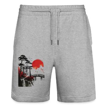Japan Landscape Red Moon Trees Birds Bonsai - Stanley/Stella Trainer Unisex Organic Jogging Shorts - heather grey - Front - Nik (191cm) & Marisol (170cm)