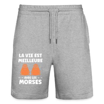Animal humour Morse - Short de jogging bio TRAINER Stanley/Stella unisexe - gris chiné - Devant - Nik (191cm) & Marisol (170cm)