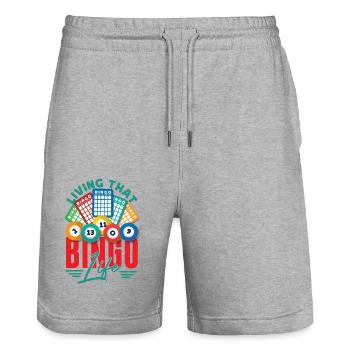Joueur de bingo vivant ce bingo - Short de jogging bio TRAINER Stanley/Stella unisexe - gris chiné - Devant - Nik (191cm) & Marisol (170cm)