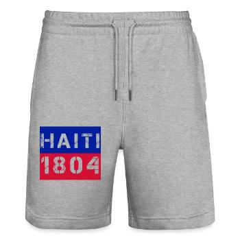 HAITI 1804 FONT IN COLORS OF THE NATIONAL FLAG - Stanley/Stella Trainer Unisex Organic Jogging Shorts - heather grey - Front - Nik (191cm) & Marisol (170cm)