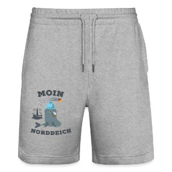 Moin Norddeich Robbe Leuchtturm Seemöwe Strand - Stanley/Stella Unisex Bio Joggingshorts Trainer  - Grau meliert - Vorne - Nik (191cm) & Marisol (170cm)