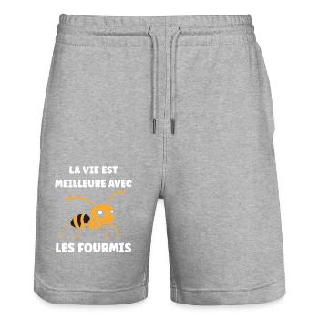 Humour fourmis - Short de jogging bio TRAINER Stanley/Stella unisexe - gris chiné - Devant - Nik (191cm) & Marisol (170cm)
