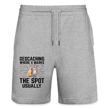 Geocaching Geocache Lustiger Geocacher Geocacher Sayi - Stanley/Stella Unisex Bio Joggingshorts Trainer  - Grau meliert - Vorne - Nik (191cm) & Marisol (170cm)