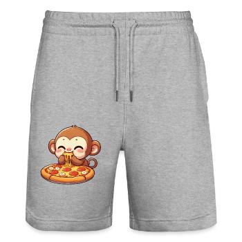 Chimpanzee eating pizza cheese lover - Stanley/Stella Trainer Unisex Organic Jogging Shorts - heather grey - Front - Nik (191cm) & Marisol (170cm)