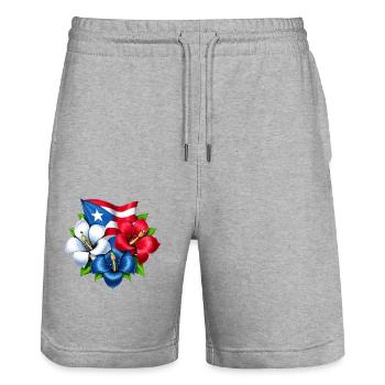Puerto Rico Blumen Flagge - Stanley/Stella Unisex Bio Joggingshorts Trainer  - Grau meliert - Vorne - Nik (191cm) & Marisol (170cm)