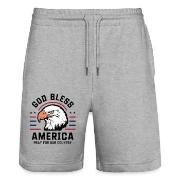 God Bless America - Pray for our country - Stanley/Stella Unisex Bio Joggingshorts Trainer  - Grau meliert - Vorne - Nik (191cm) & Marisol (170cm)